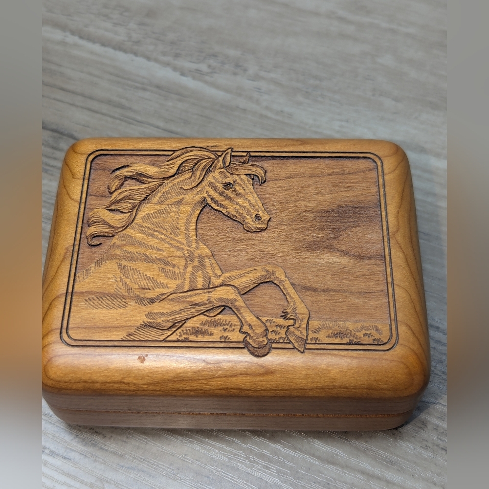 Hinged Etched Laser Carved Horse Wooden Trinket Box